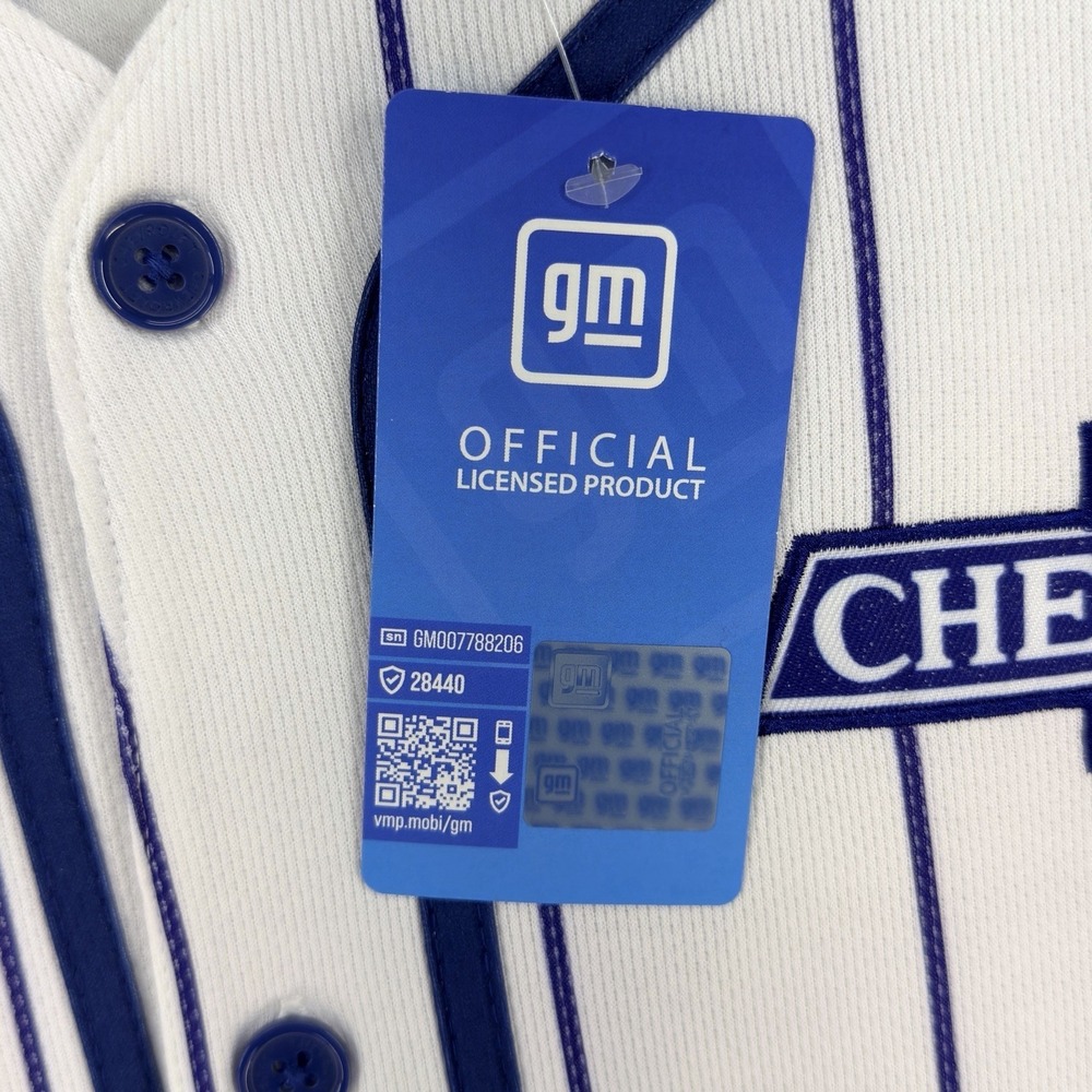 GM Chevrolet Chevy Baseball Jersey Mens Medium White Blue Pinstripe Button - Picture 12 of 15